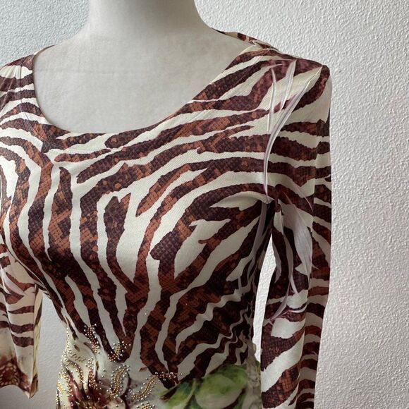 Cache White Brown Animal Stripe Floral Beaded Ruched Y2K Jersey SZ S - Picture 7 of 14